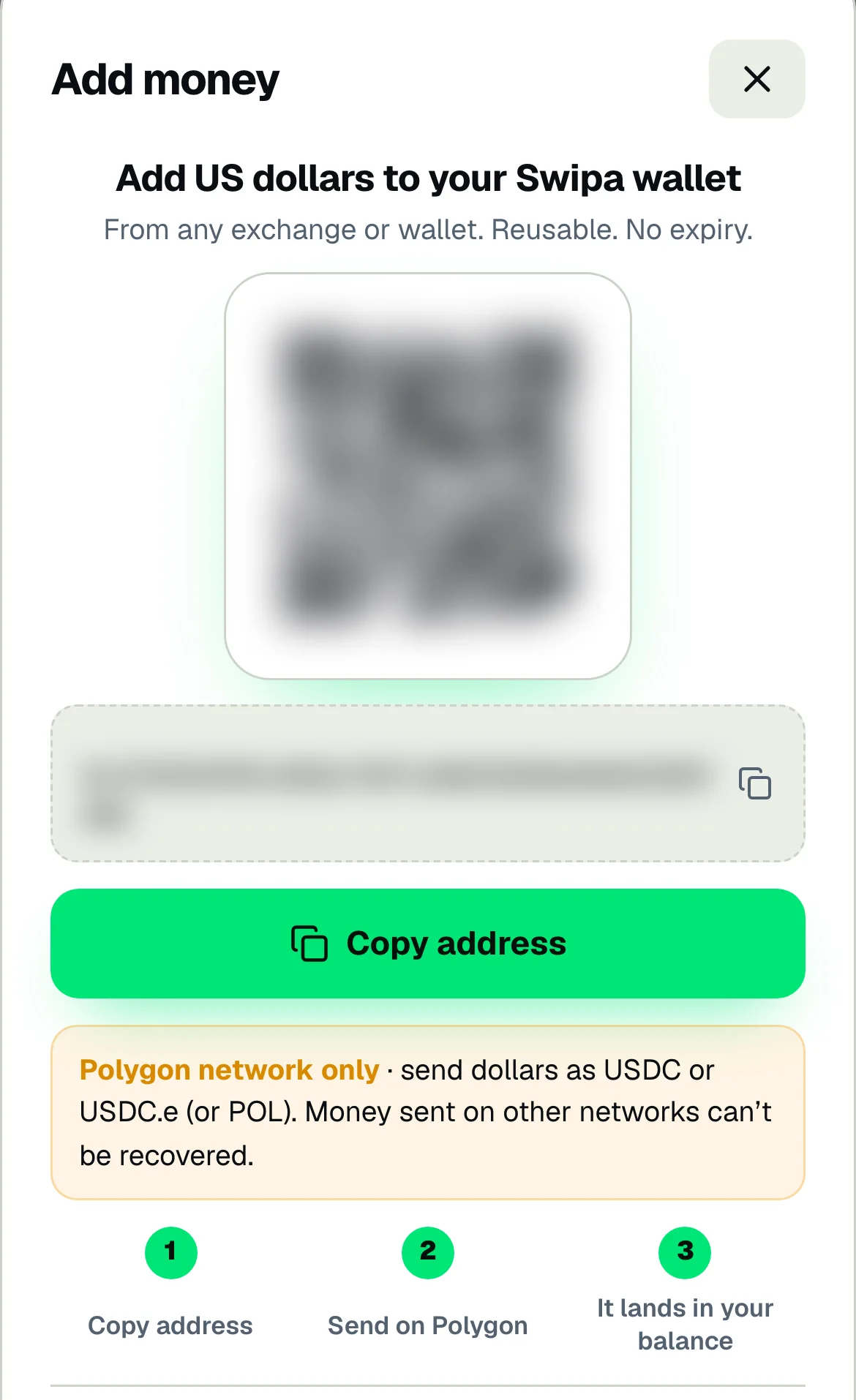 Swipa's Add money screen showing the Polygon-only deposit address and the three steps: copy address, send on Polygon, it lands in your balance